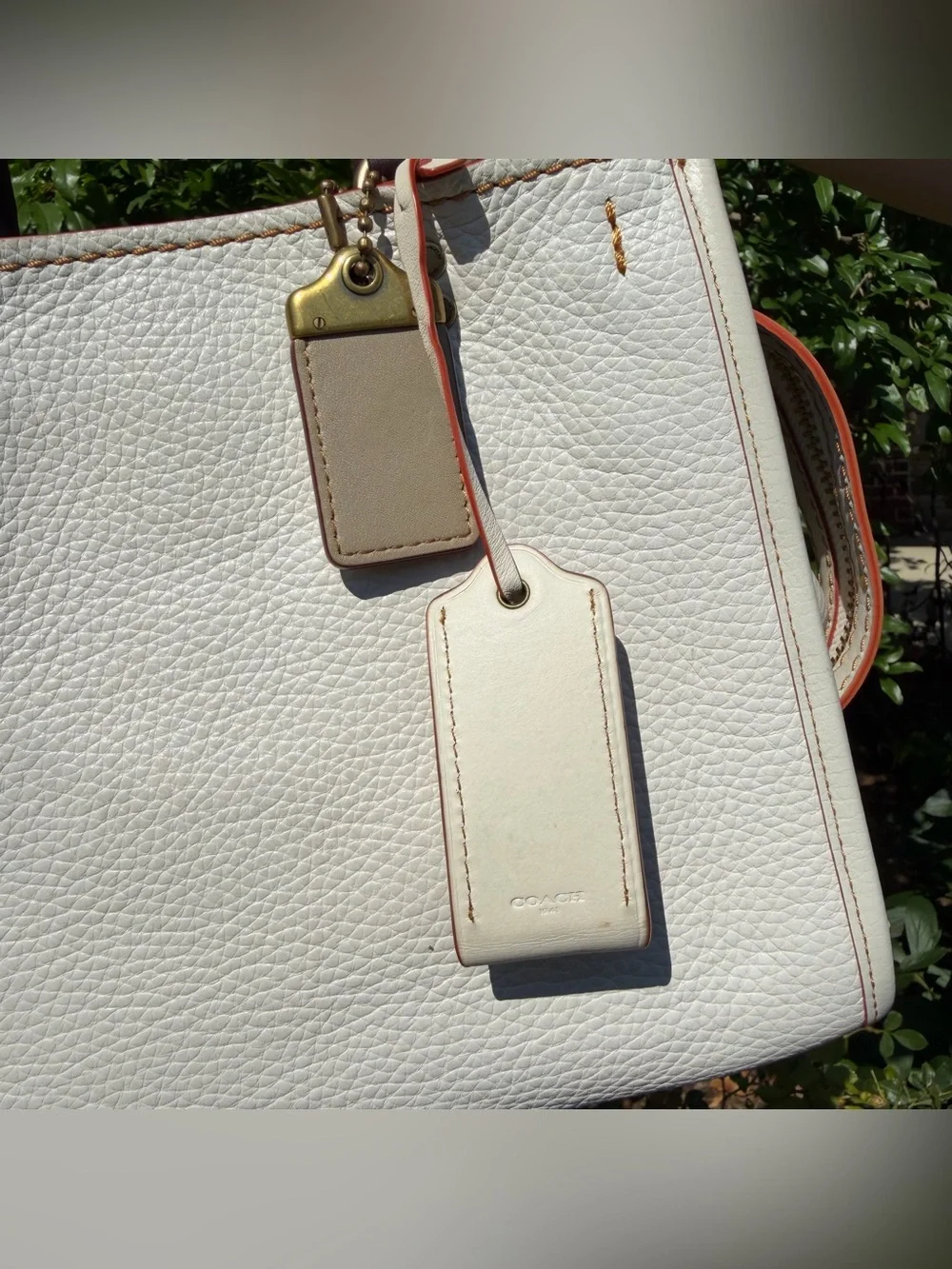 Coach White Pebbled Leather Shoulder Bag with Brown Handles and Pink Trim